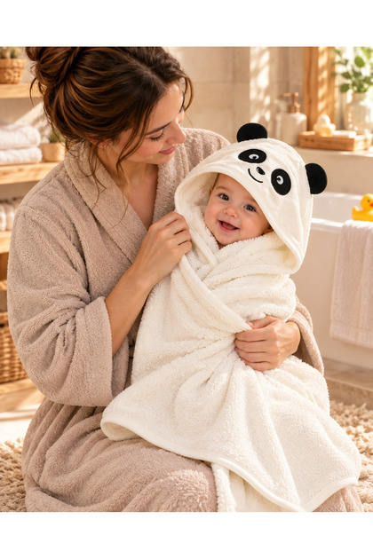 100% Cotton Baby Bath Towel with Cotton Pieces & Headgear - Panda Embroidered & Towel - Soft & Water Absorbent Gift