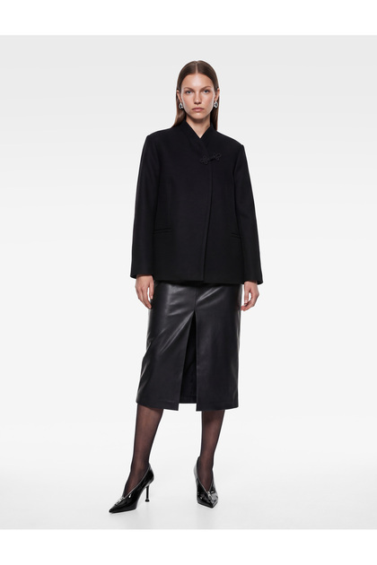 Mandarin Collar Decorated Buttoned Long Sleeve Pocketed Cashmere Jacket