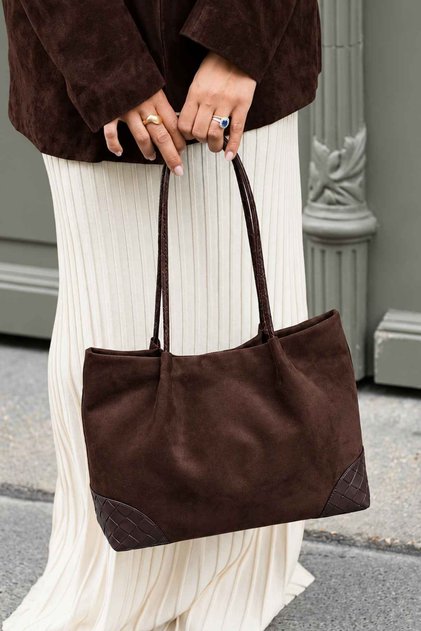 Brown Suede Knitted Detailed Tote Bag