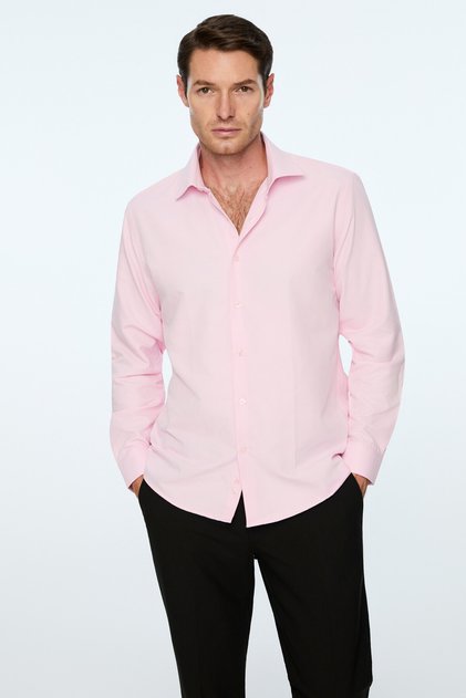 Erkek Pembe Düz Slim Fit Sert Yaka Gömlek