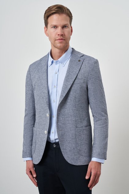 Men's Navy Blue Linen Woven Slim Fit Mono Collar Jacket