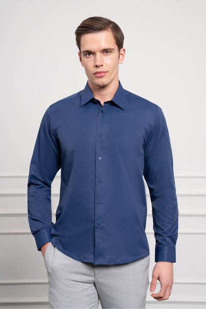 Men's Navy Blue Slim Fit Slim Fit Hard Sports Collar Shirt