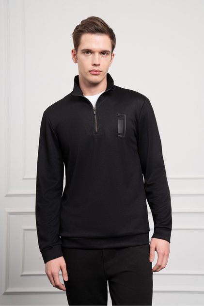 Erkek Siyah Femuarlı Bato Yaka Dynamic Fit Rahat Kesim Sweatshirt