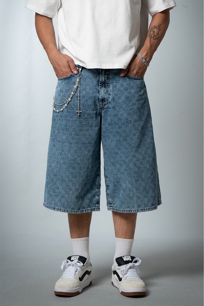 Light Blue Checkered Baggy Fit Blue Men's Jean Shorts
