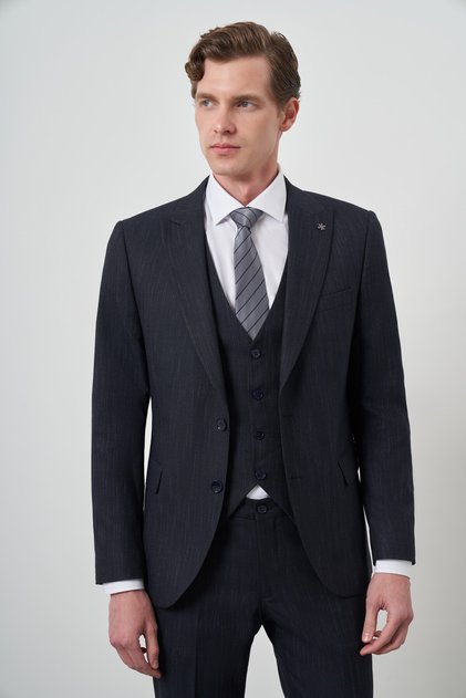Men's Navy Blue Trend Vest Slim Fit Pointed Collar Suit