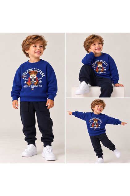 Simit Yaka Athletic Printed Sweatshirt/Elastic Waist Side Pocket Sweatpants 3-Strap Set