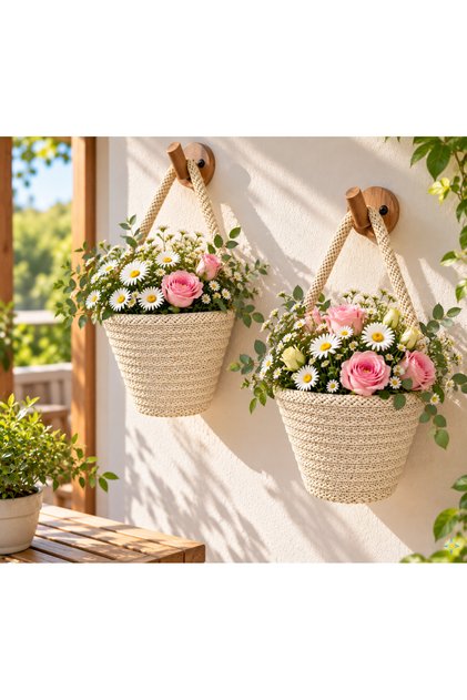 Basket Mini Decorative 2-Piece Cream Color Flower Pot 12X10 cm
