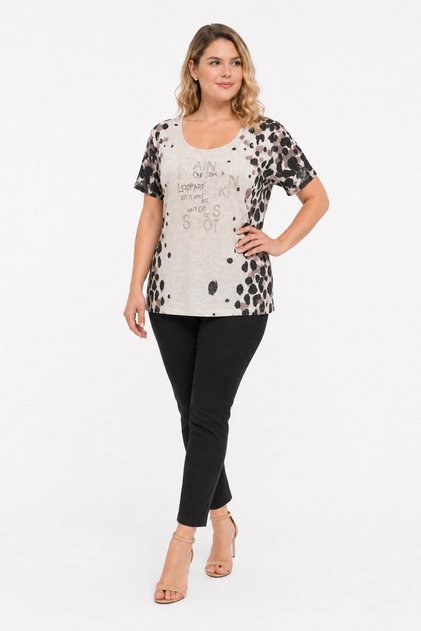 Women's Plus Size Beige, Leopard Pattern, Stone Embellished, Linen Fabric Look Blouse 65N39583