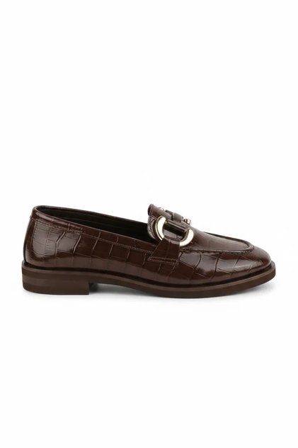 Women's Genuine Leather Buckle Loafer Shoes Crm.181 Brown Croco