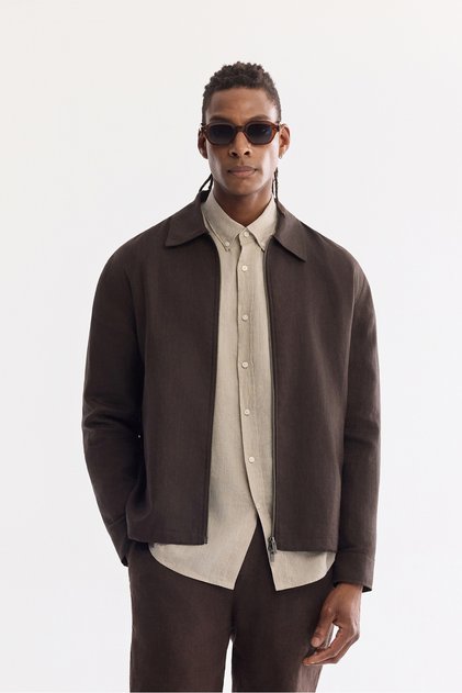 Men's Brown Classic Collar Breathable 100% Linen Seasonal Comfort Fit Coat A61Y6005