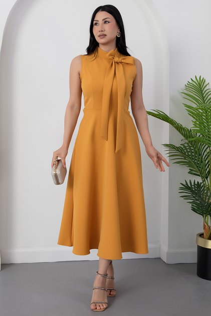 High Collar Dress with Ribbon on the Collar Midi Length Dress Esp058
