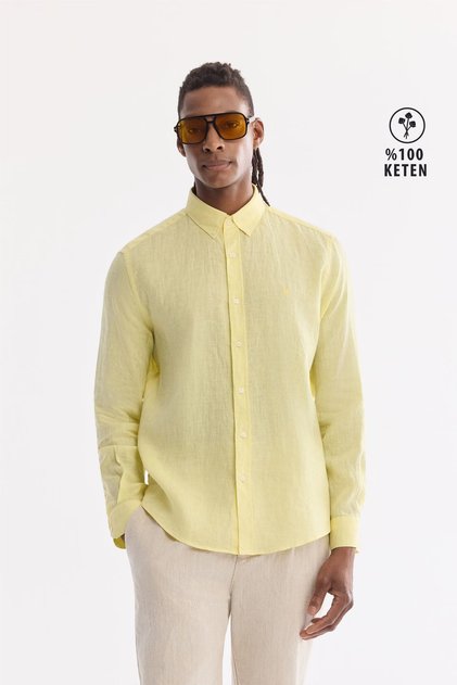 Men's Light Yellow Button-Down Collar 100% Linen Comfort Fit Shirt B002191