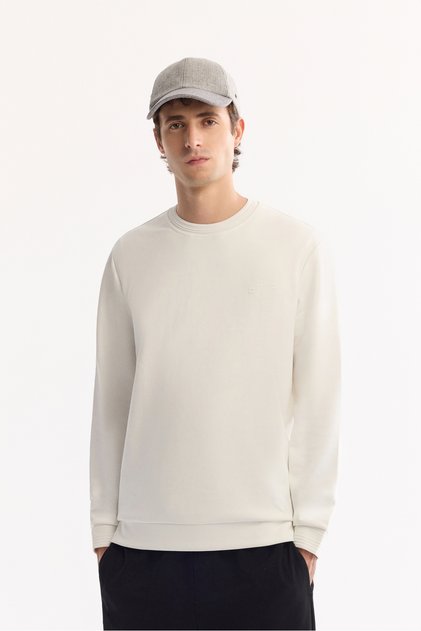 Men's Ecru Crew Neck Cotton Bi-Stretch Regular Fit Sweatshirt A52Y1271