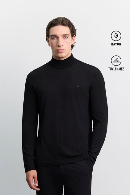 Erkek Siyah Yarım Balıkçı Yaka Rayon Tüylenmeyen Basic Regular Fit Triko Kazak B005151