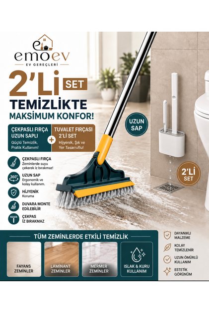2'li Banyo Temizlik Seti Uzun Saplı Döner Başlıklı Fırçalı Çekpas + İkili Tuvalet Fırçası