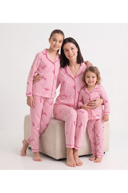 Baby Girl & Child Striped Bow Patterned Buttoned 100% Cotton Pajama Set (Mother and Child Sold Separately - Price Is for One Item.)