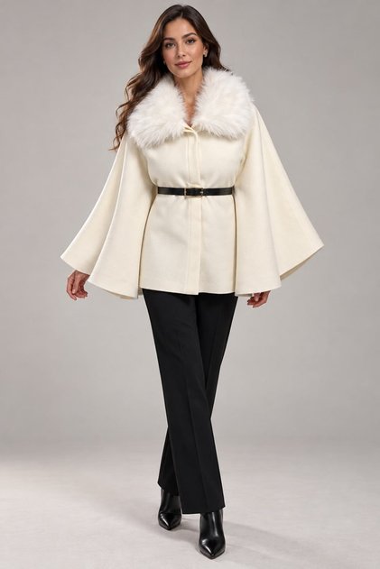 Fur Collar Belted Cashmere Ecru Poncho