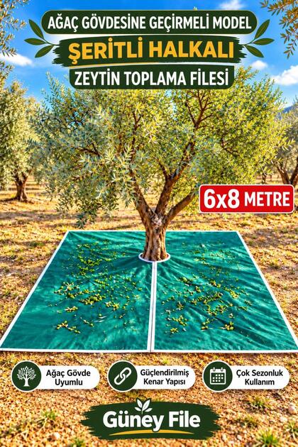 6 x 8 M Zeytin Toplama Filesi Ağaca Geçirmeli %75'lik Şeritli Halkalı Zeytin Sergenlik