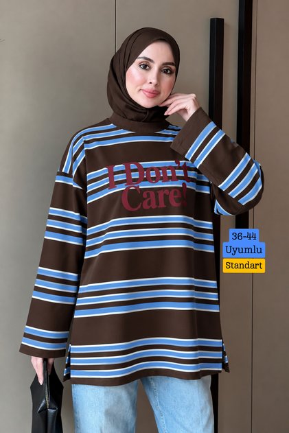 Women's Combed Cotton Fabric Letter Printed Crew Neck Striped Tunic 390.1 Brown