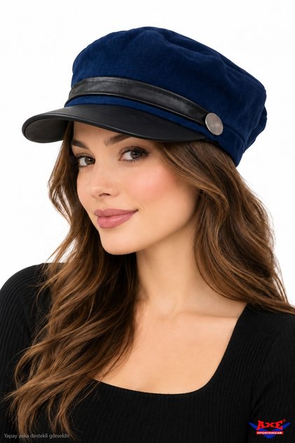 Navy Blue Suede Captain's Cap Hat Autumn Winter Faux Leather Detailed Brimmed Painter's Sailor Hat with Elastic Back