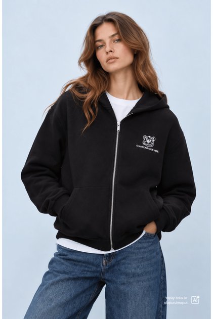 Esther Black Zippered and Pocketed Cotton Embroidered Loose Fit Women's Sweatshirt