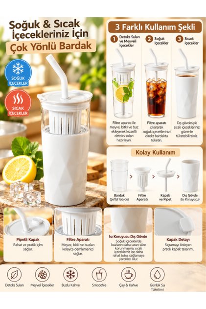 H2O 5 in 1 Glass Detox Mug with Steel Straw and Cleaner Gift 650 ml