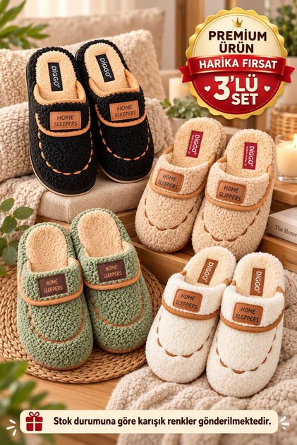 3'lü Avantajlı Paket Kışlık Peluş Ev Terliği Çeyiz Terliği Kışlık Terlik Ses Yapmaz Hafif Taban Taban