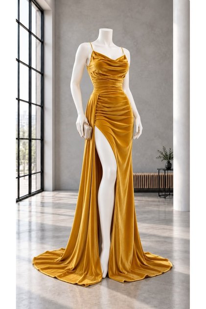 Kadife Esnek Kumaş Drape Öne Pile Detaylı Askılı Abiye Elbise GOLD 582334