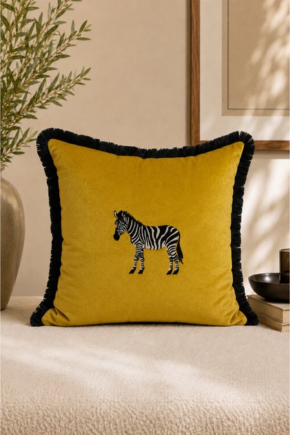 Yellow Zebra Pattern Embroidered Decorative Throw Pillow Cover 45X45