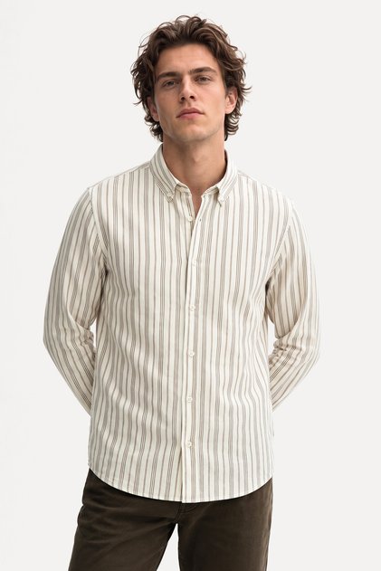 Men's White Striped Regular Fit Long Sleeve Shirt