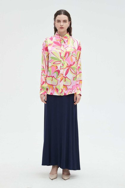 Women's Floral Print Long Sleeve Blouse with Patterned Collar