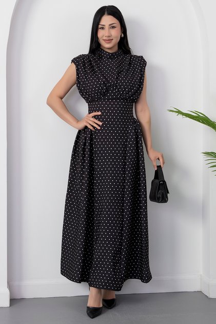 High Neck Tie-Back Polka Dot Dress Grs3945