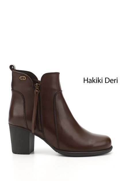 Women's Brown Antique Zippered Thick Heeled Genuine Leather Boots