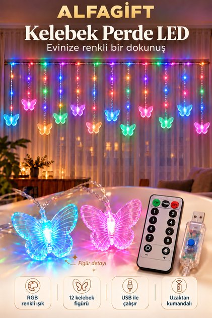 Kelebek Figürlü Renkli LED Perde Işık USB Dekoratif Oda Aydınlatma Gece Lambası