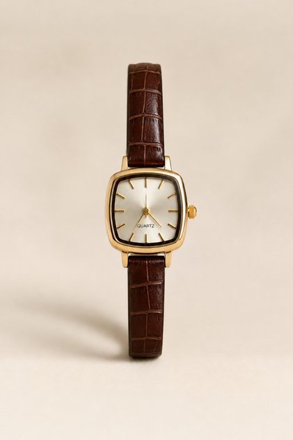 Michy Women's Wristwatch Gold Square Case Brown Leather Band Silver Dial Minimal Vintage Design Women's Watch
