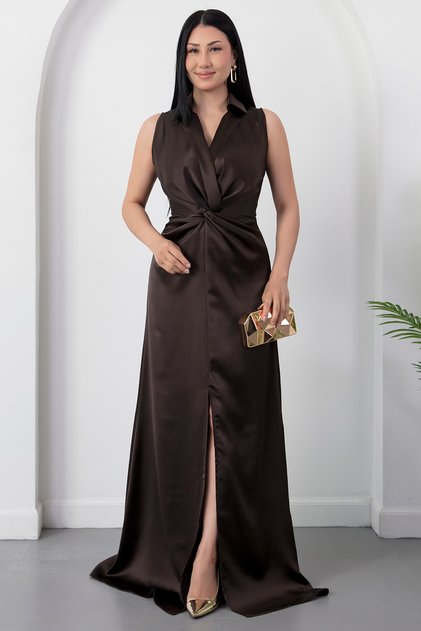 Shirt Collar Waist Knotted Satin Dress K-261737