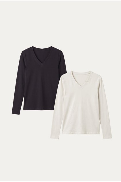 Kadın V Yaka Uzun Kollu %100 Pamuk Basic T-shirt (Siyah- Ekru 2'li Set)