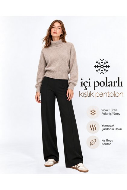 Kadın Siyah Kışlık Modal Bol Paça Çımalı Yüksek Bel Beli Lastikli Yumuşak Dokulu Likralı Pantolon