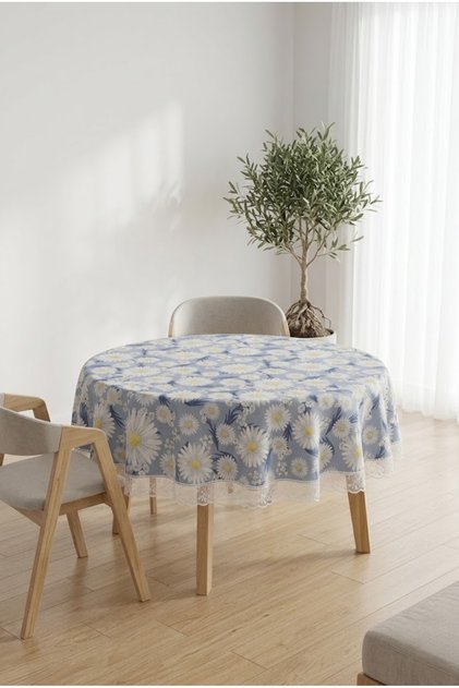 Round Tablecloth Daisy Pattern Stain Resistant Wipeable Lace Edged Decorative Table Cover Waterproof