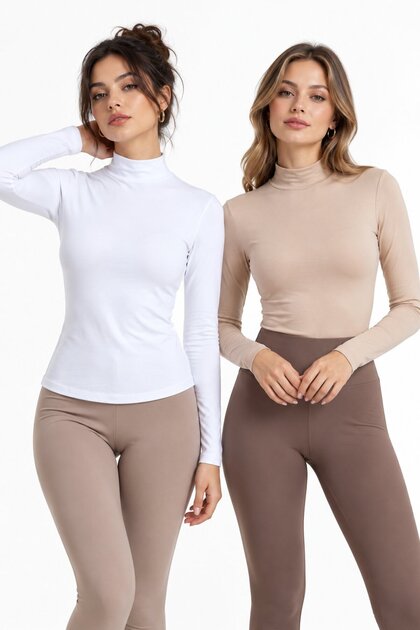 White-Tan Women's Half Turtleneck Long Sleeve Body/Blouse - Pack of 2