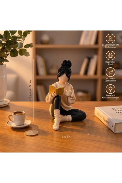 Kahve Molası Betush, Kitap Okuyan Kız Figürü, El Yapımı 3D Baskı Dekoratif Biblo