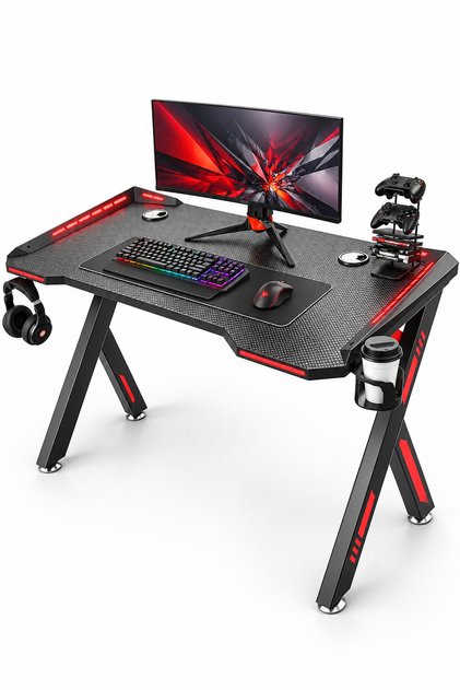 طاولة ألعاب RGB مع 8 أوضاع إضاءة، حامل أكواب، خطاف لسماعات الرأس، إدارة الكابلات، إطار Y متين، سعة تحمل تصل إلى 400 رطل.