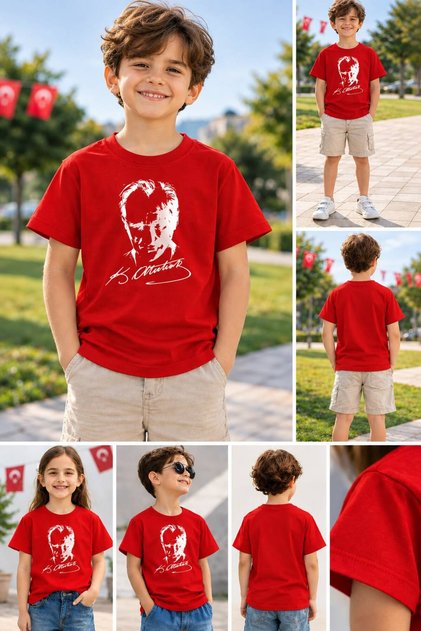 Children's Ataturk Printed Moon and Star Printed T-Shirt Red Cotton Girls/Boys Unisex