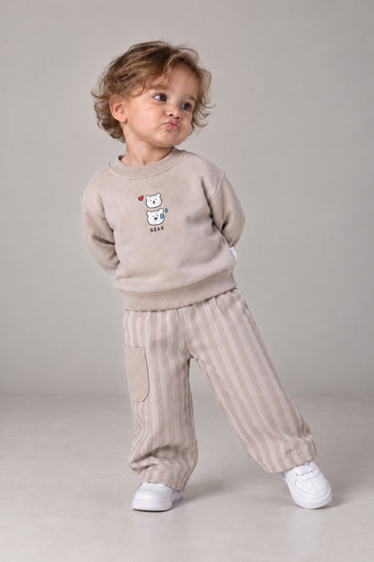 Simit Yaka Bear Baskılı Sweatshirt/Çizgili Cep Detaylı Bol Paça Eşofman 3 İp Şardonlu Takım