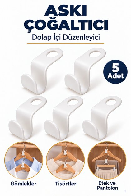 Pratik Askı Çoğaltıcı Dolap Düzeni İçin 5 Adet Kanca Şeklinde Çoklu Askı Artırıcı Gardırop Organizer