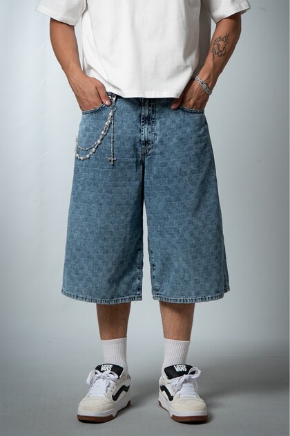 Light Blue Checkered Baggy Fit Blue Men's Jean Shorts