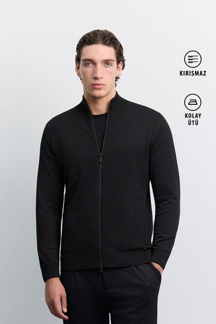 Men's Black Stand Collar Zippered Jacquard Cardigan with Side Flap Pockets A62Y5013