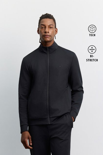 Men's Black Stand Collar Zippered Front Panel Mesh Detailed Side Pockets Technical Regular Fit Cardigan A62Y1319