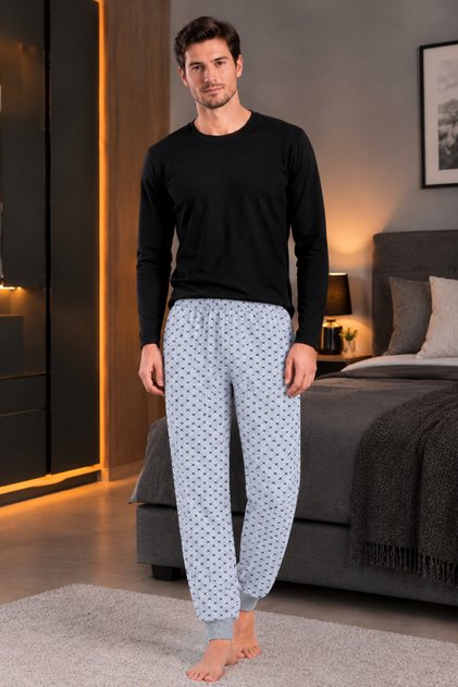 Men's Winter Pajamas Raised Comfortable Soft Mesh Thick Underwear Sleepwear with Cuffs