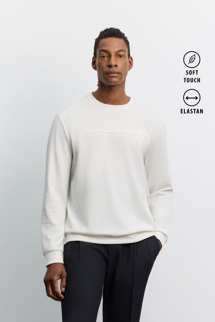 Men's Ecru Crew Neck Seersucker Printed Cupra Sweatshirt A62Y1200